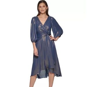 DKNY Iridescent Twisted Balloon-Sleeve evening Sleeve Dress -Denim Gold size 6